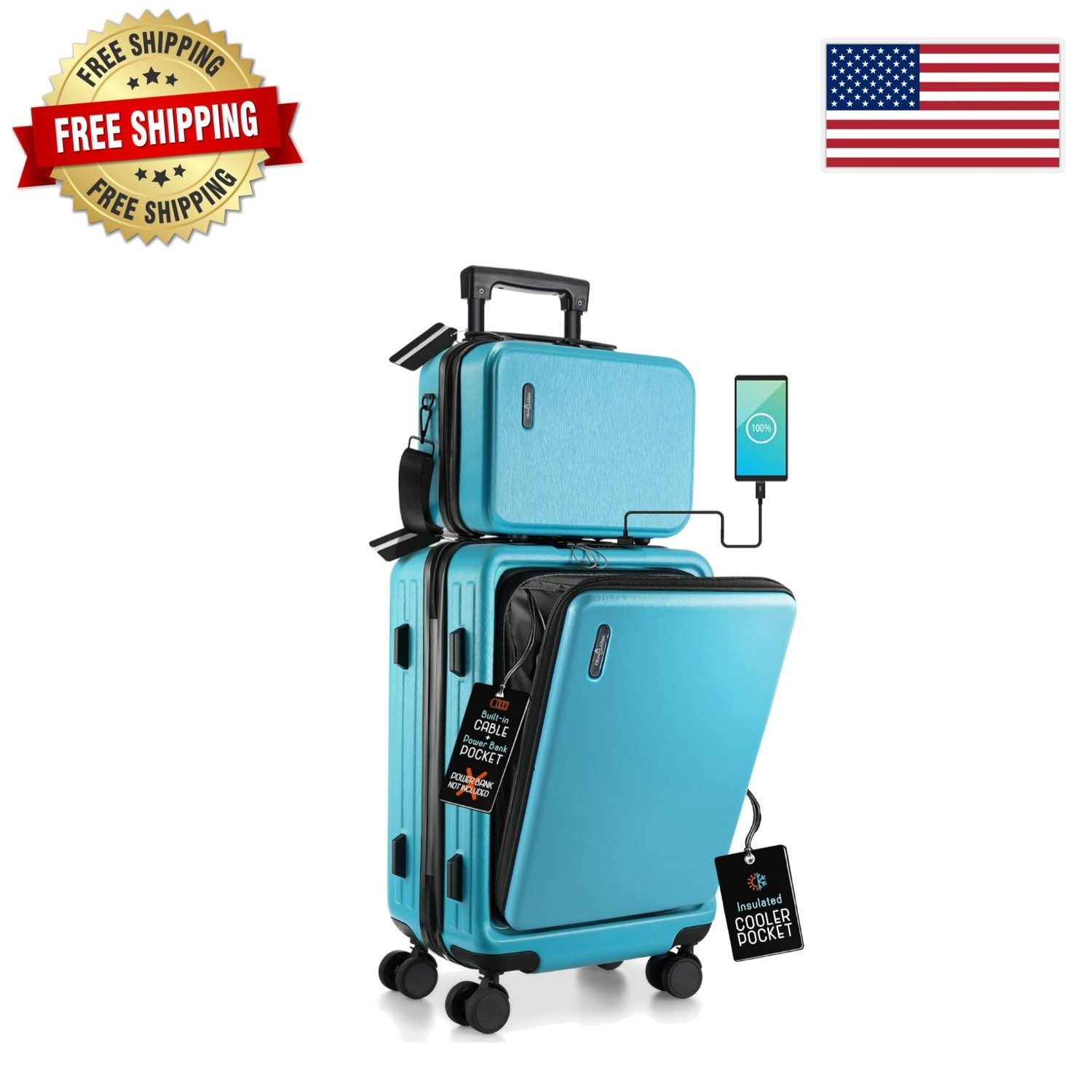 Lightweight 20 Inch Hard Shell Carry On with TSA Lock & Cosmetic Case in Teal