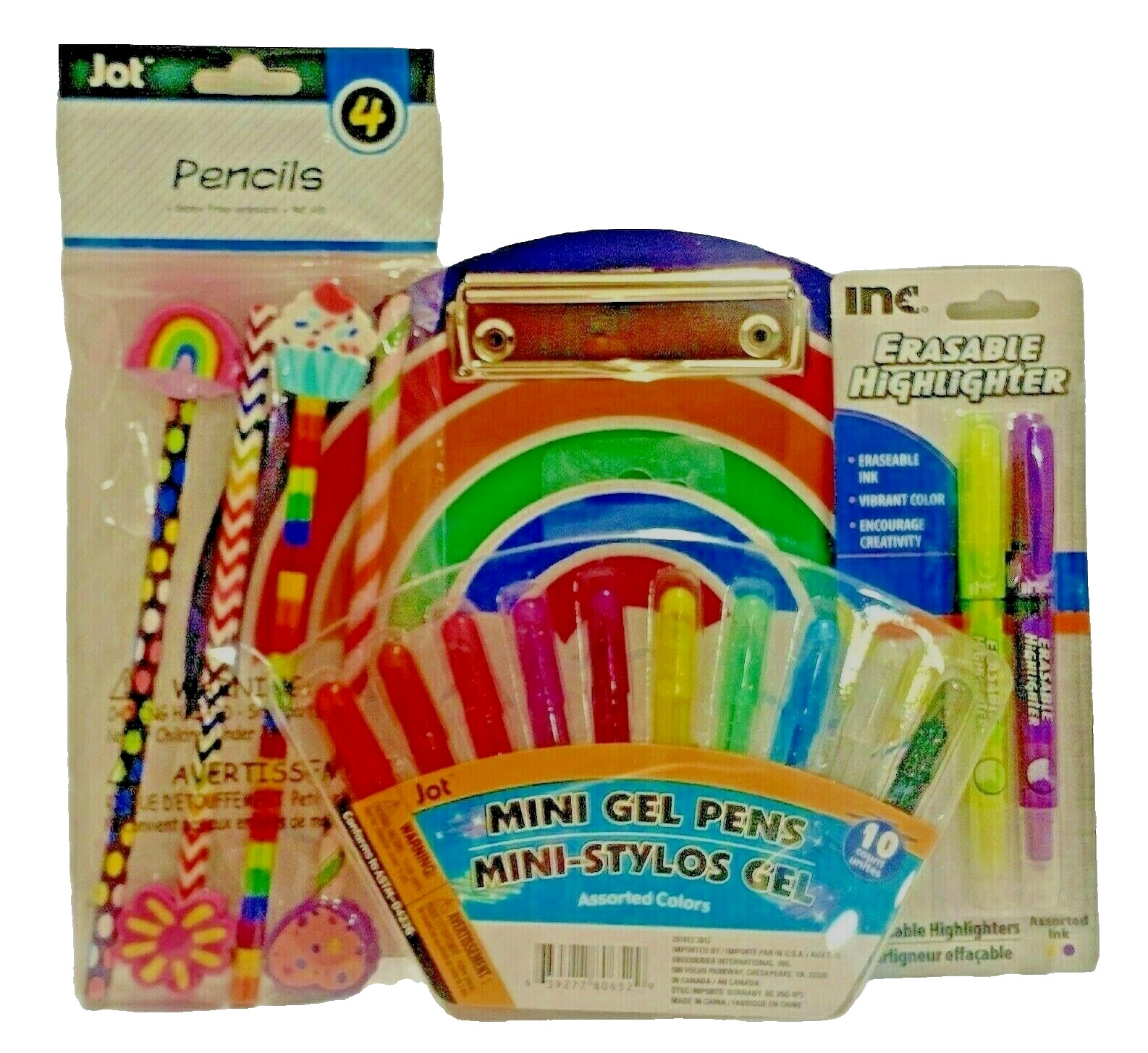 Rainbow Clipboard Sm 4 Pencils Erasers 10 Mini Gel Pens 2 Erasable Highlighters