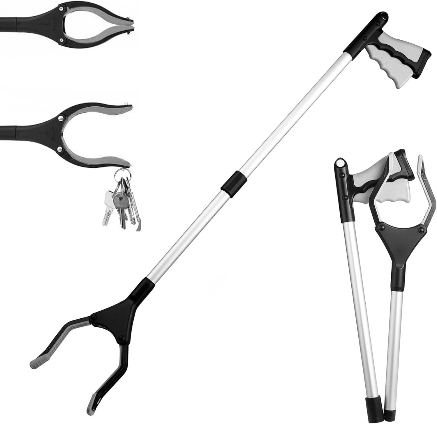 32” Foldable Reacher Grabber Tool, Magnet Tip, 360° Rotating Litter Picker, Grey