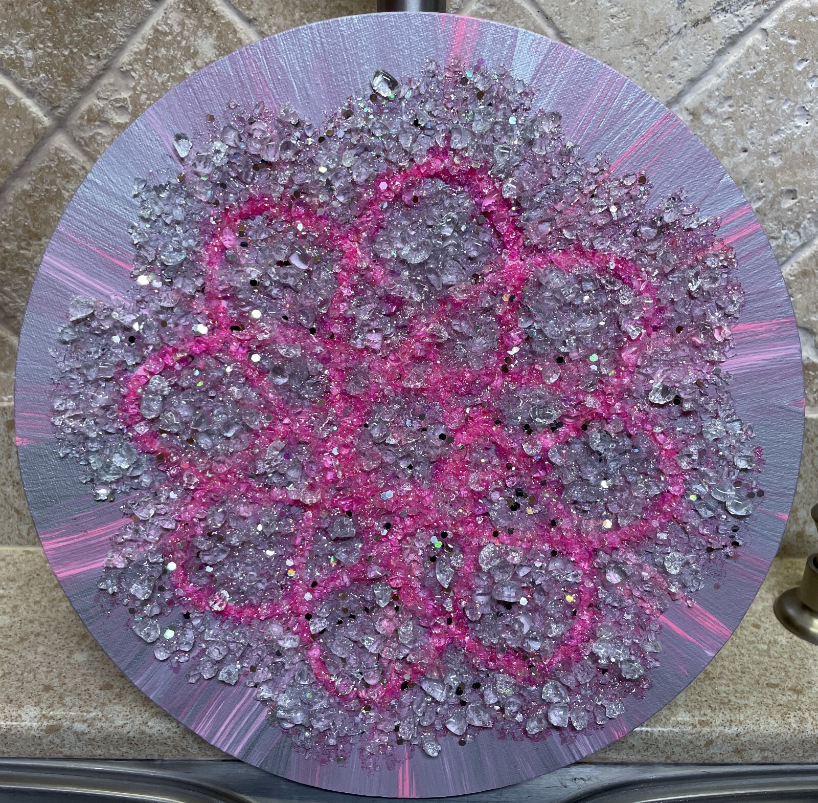 ~Silver and Pink~🤍Glitter, Crushed/Broken Glass, Canvas Painting Abstract Art⭐️