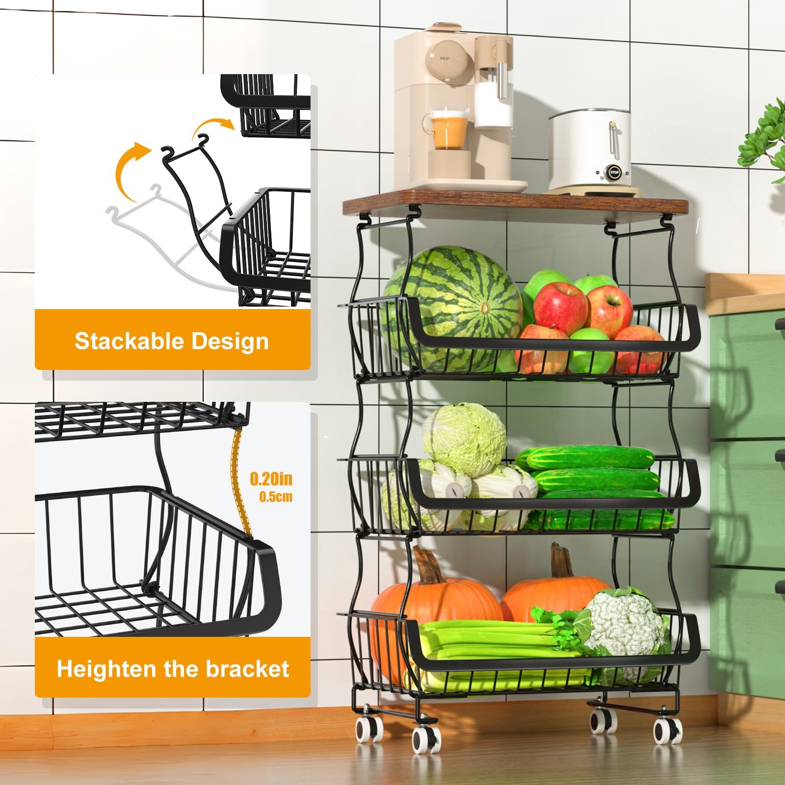 4 Tier Stackable Metal Wire Storage Basket Cart w/ Wheels