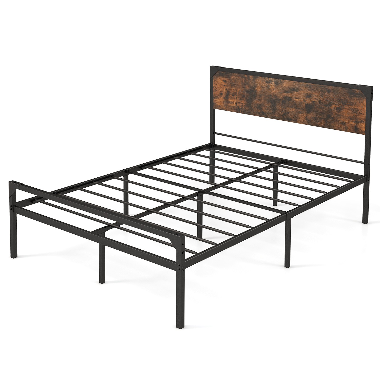 Full Size Metal Bed Frame Platform with Wooden Headboard No Box Spring Needed