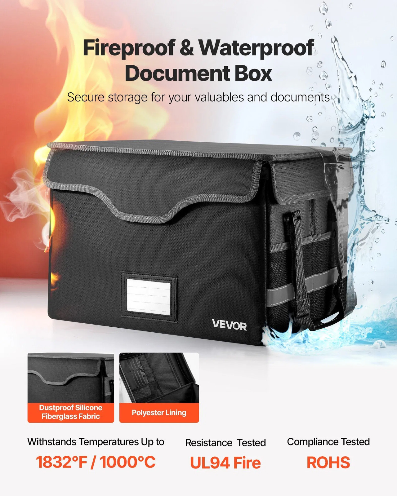 Fireproof Document Box, 1832 ?&bdquo;&permil; Heat Insulated Fireproof & Waterpr