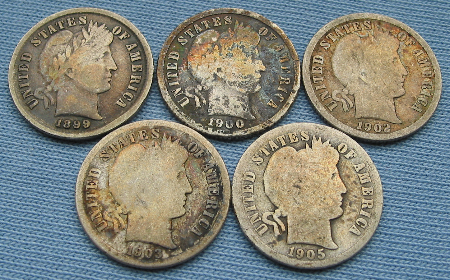 Barber Dime 5-coin lot album color toning 1899/1900-S/1902-O/1903-O/1905 (10C)