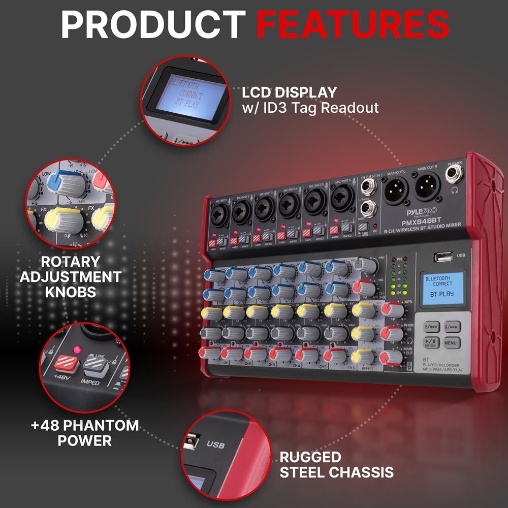 Pyle Professional 8-Channel Bluetooth Wireless DJ Mixer +48V PHANTOM POWER
