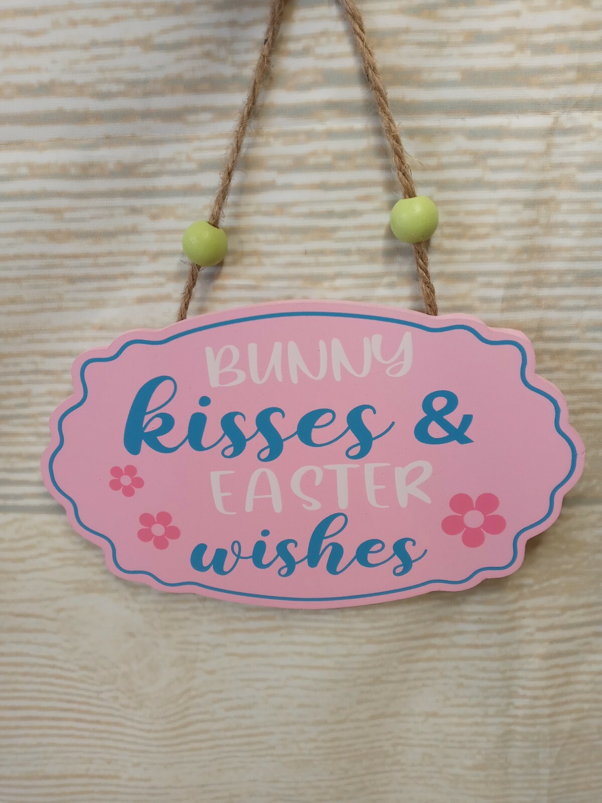 New! "Bunny Kisses & Easter Wishes" Hanging Wood Sign Decor Ornament Spring ~