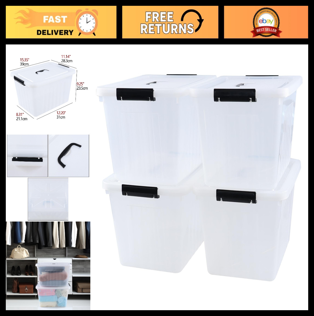4-Pack 18 Quart Clear Plastic Storage Boxes with Lids | Secure Latch, Visible De