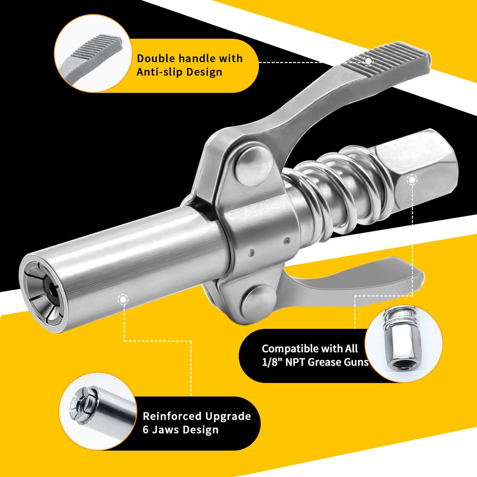 Grease Gun Coupler Double Handle Quick Lock Release Grease Tips Ends Couplers...