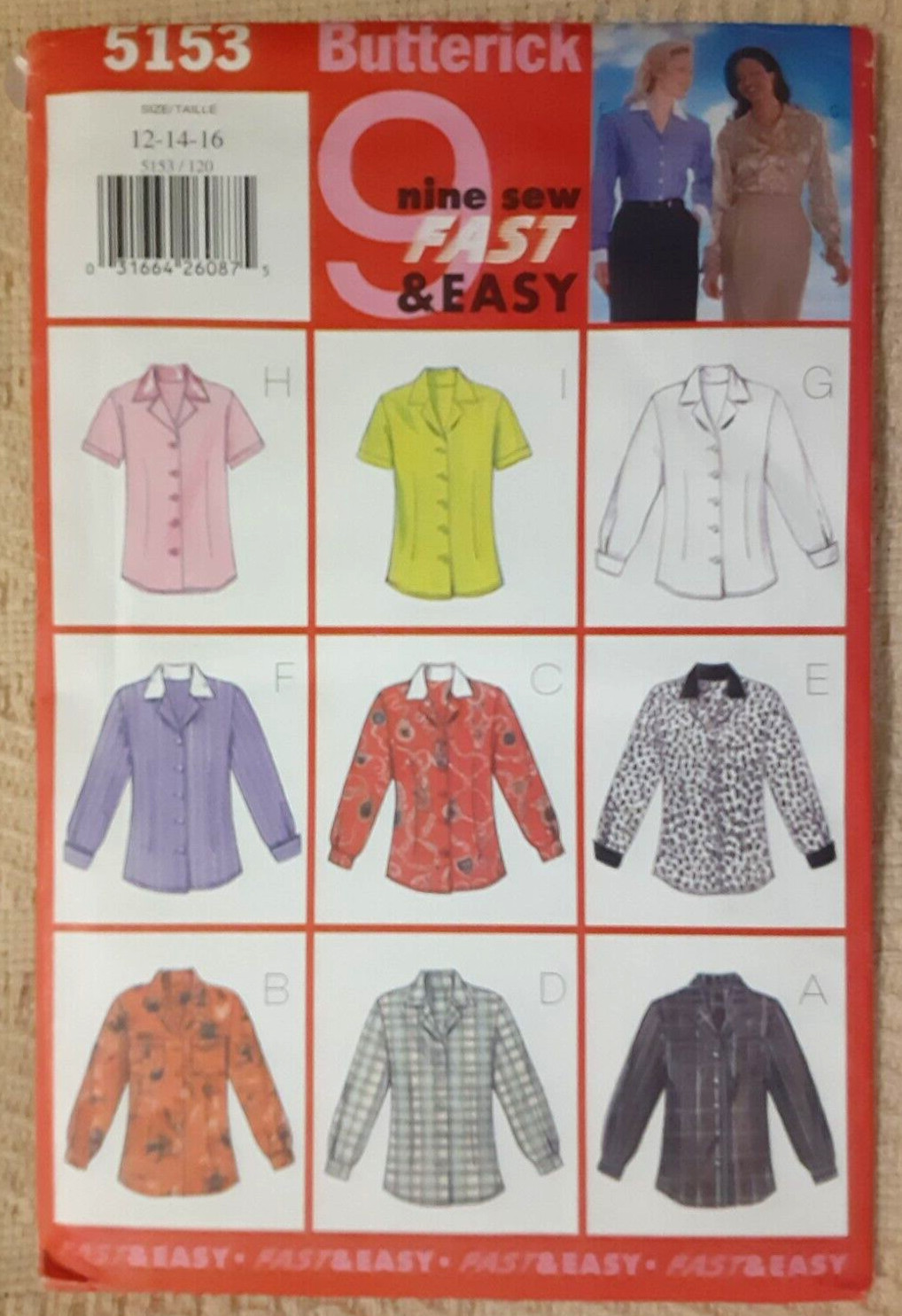 Butterick Pattern 5153 Misses' Shirt Tops Blouse Sewing Craft Project (H)