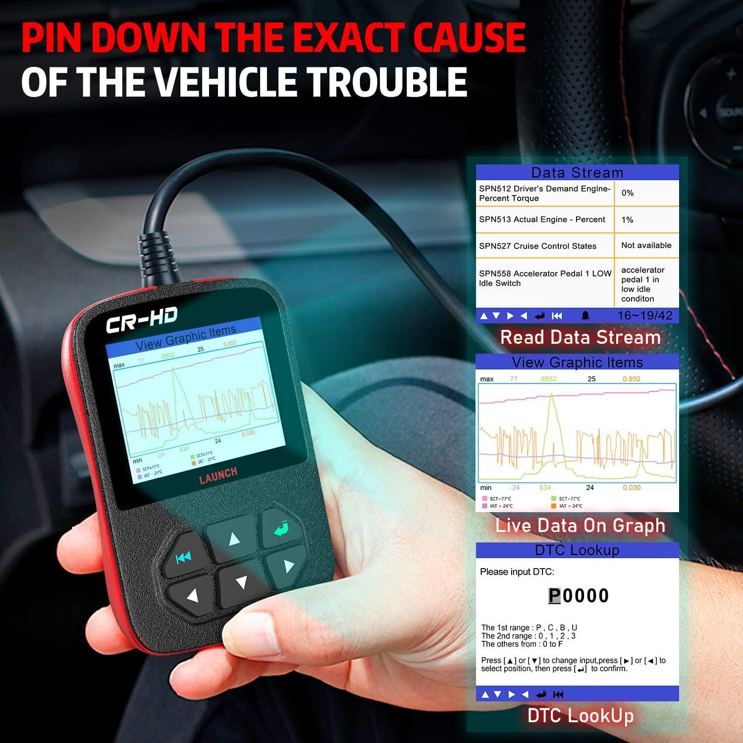 LAUNCH SCANNER CR-HD HEAVY DUTY TRUCK DIAGNOSTIC TOOL OBD2 CODE READER 6&9PIN