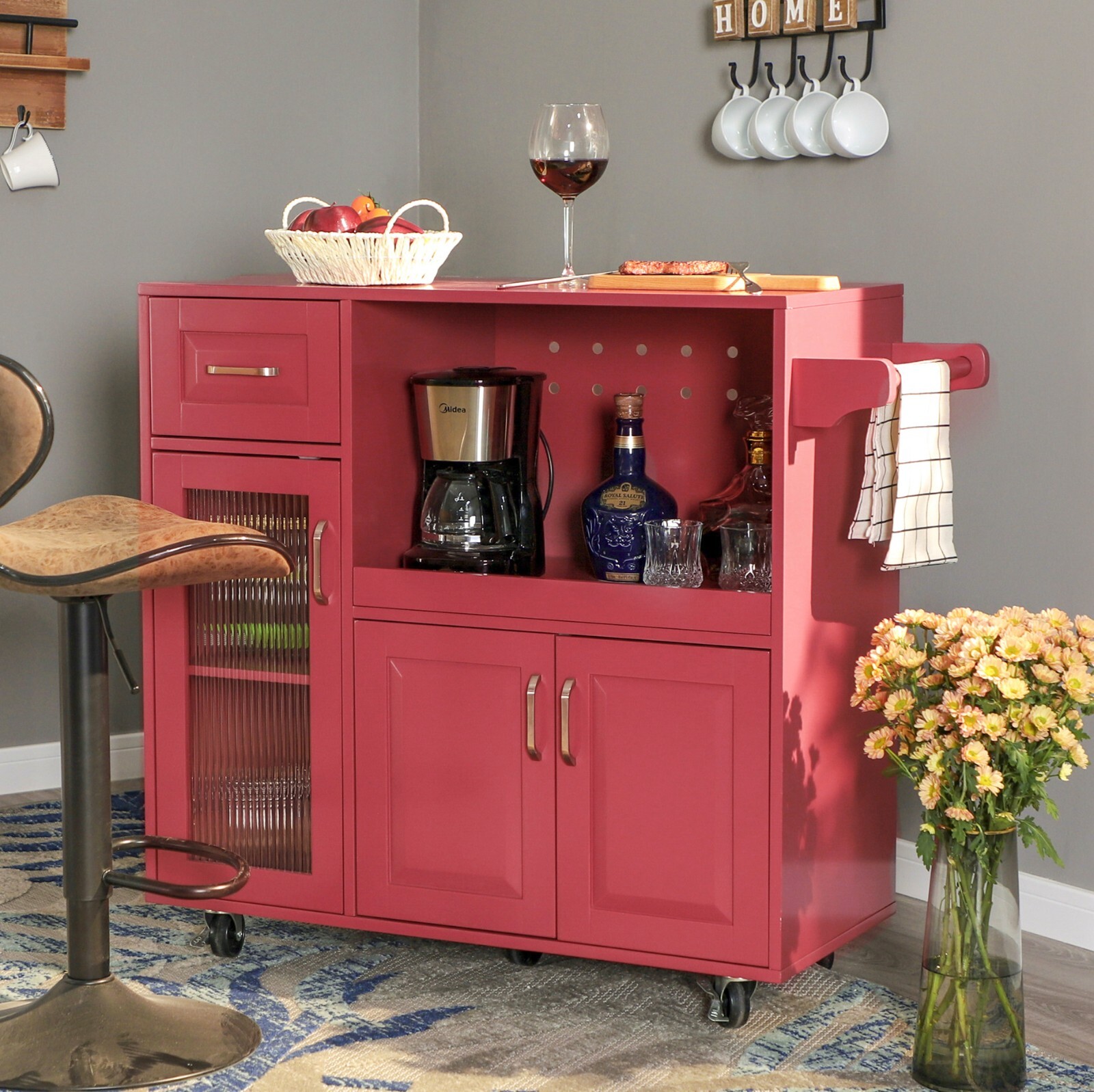 Kitchen Island Trolley Cart Storage Cabinet with Extendable Shelves & Towel Rack