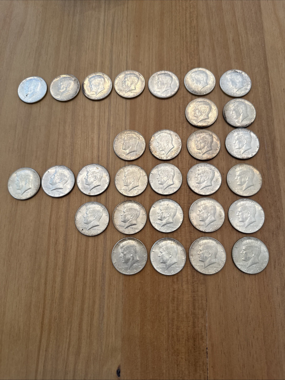 Lot Of 29 Kennedy Silver Half Dollars 7-1964 90% Silvers & 22-1965-1969 40%