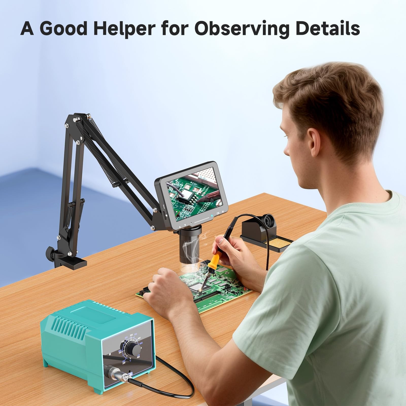 5" LCD Digital Soldering Microscope with Flexible Stand, 1000X Magnification ...