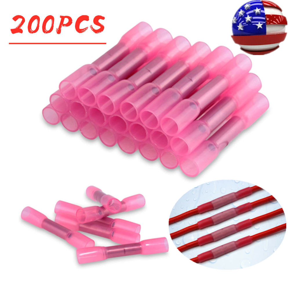 200Pcs Waterproof Heat Shrink Wire Connectors Butt Seal Terminals Red 22-16AWG