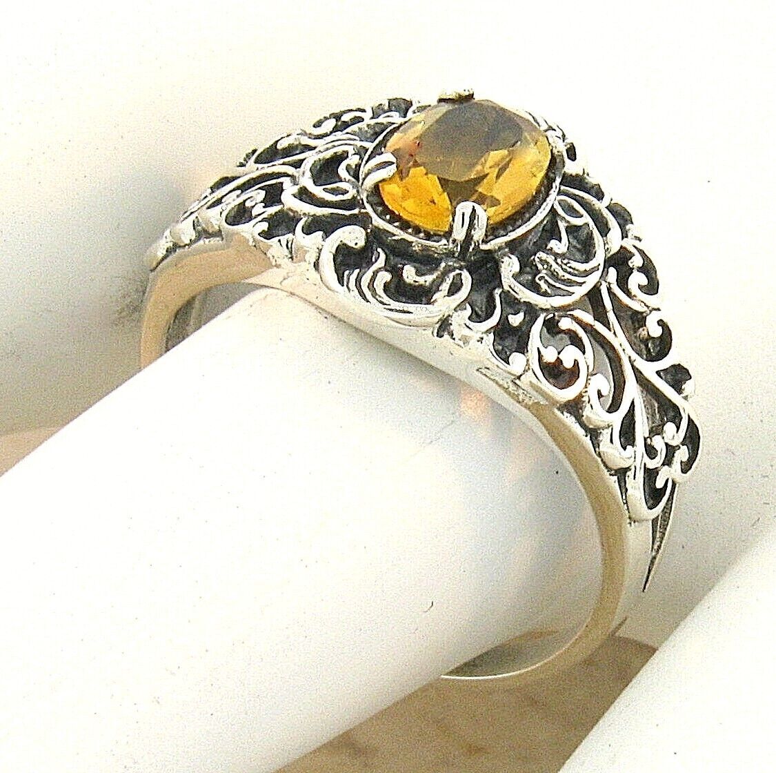 GENUINE CITRINE NOUVEAU ANTIQUE STYLE 925 STERLING SILVER FILIGREE RING     854z
