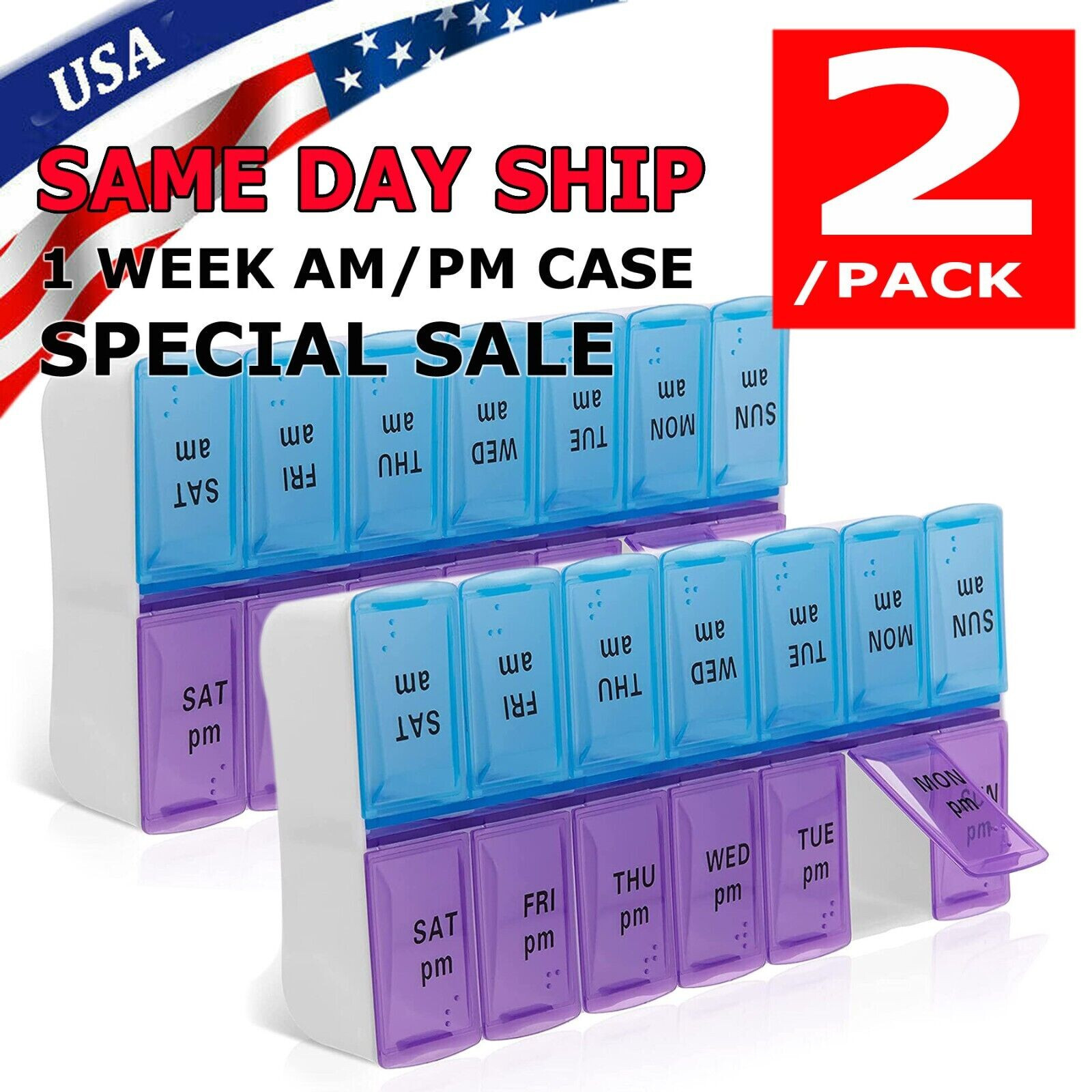 2PCs Weekly Pill Box Organizer 7 Day AMPM Organizer Case Medicine Removable Pill