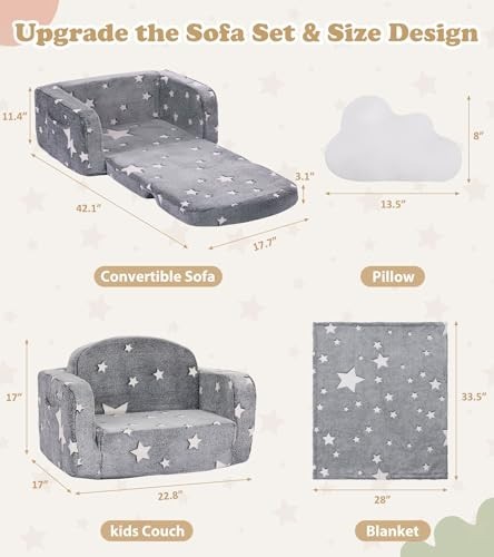 2-in-1 Kids Couch with Blanket & Cloud Pillow, Glow in Dark Toddler Chair, Comfy