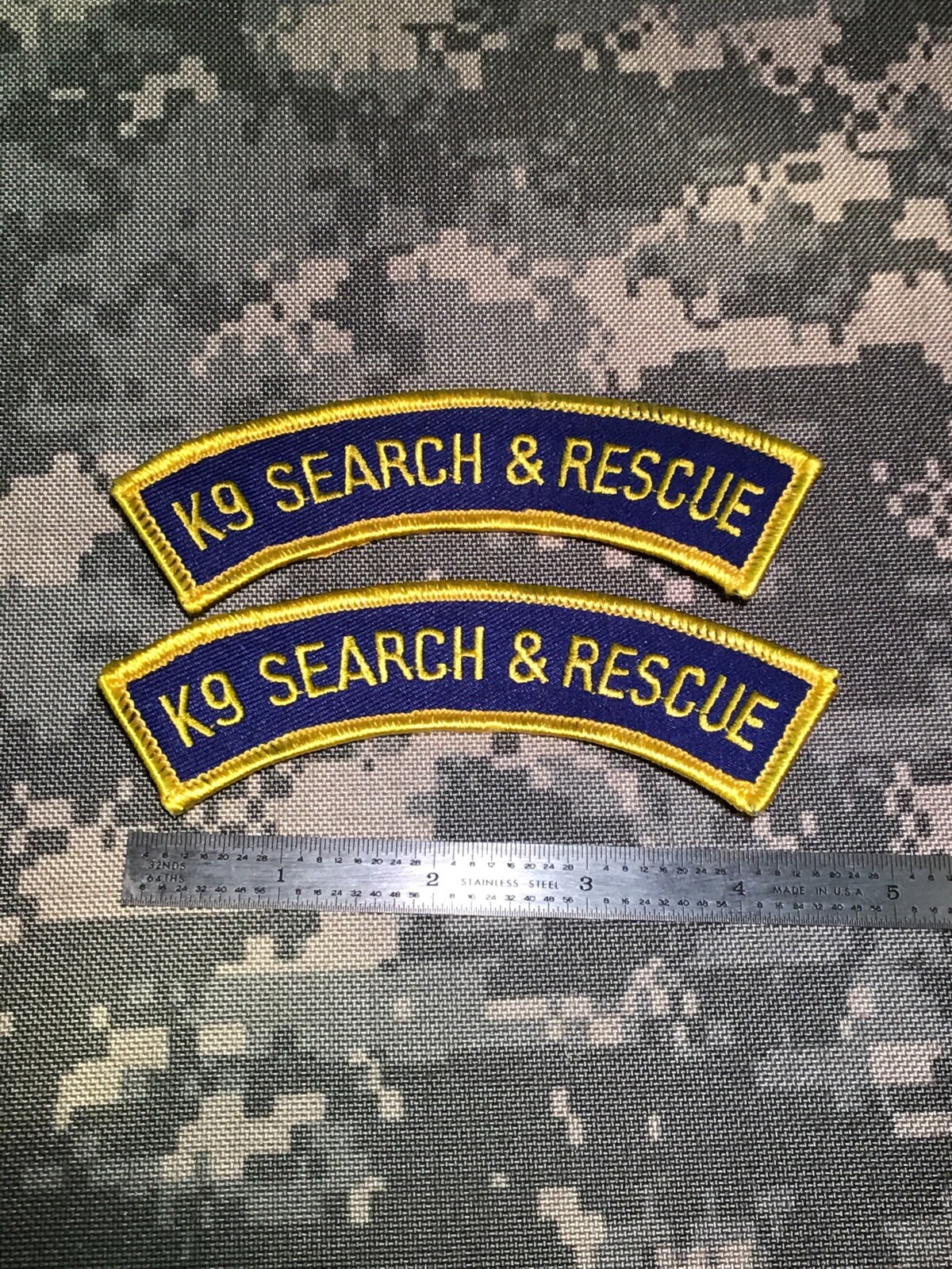 Lot Of 2 “K9 Search & Rescue” 1” X 5” Rocker Patch Tabs Navy Blue / Gold JJ-3