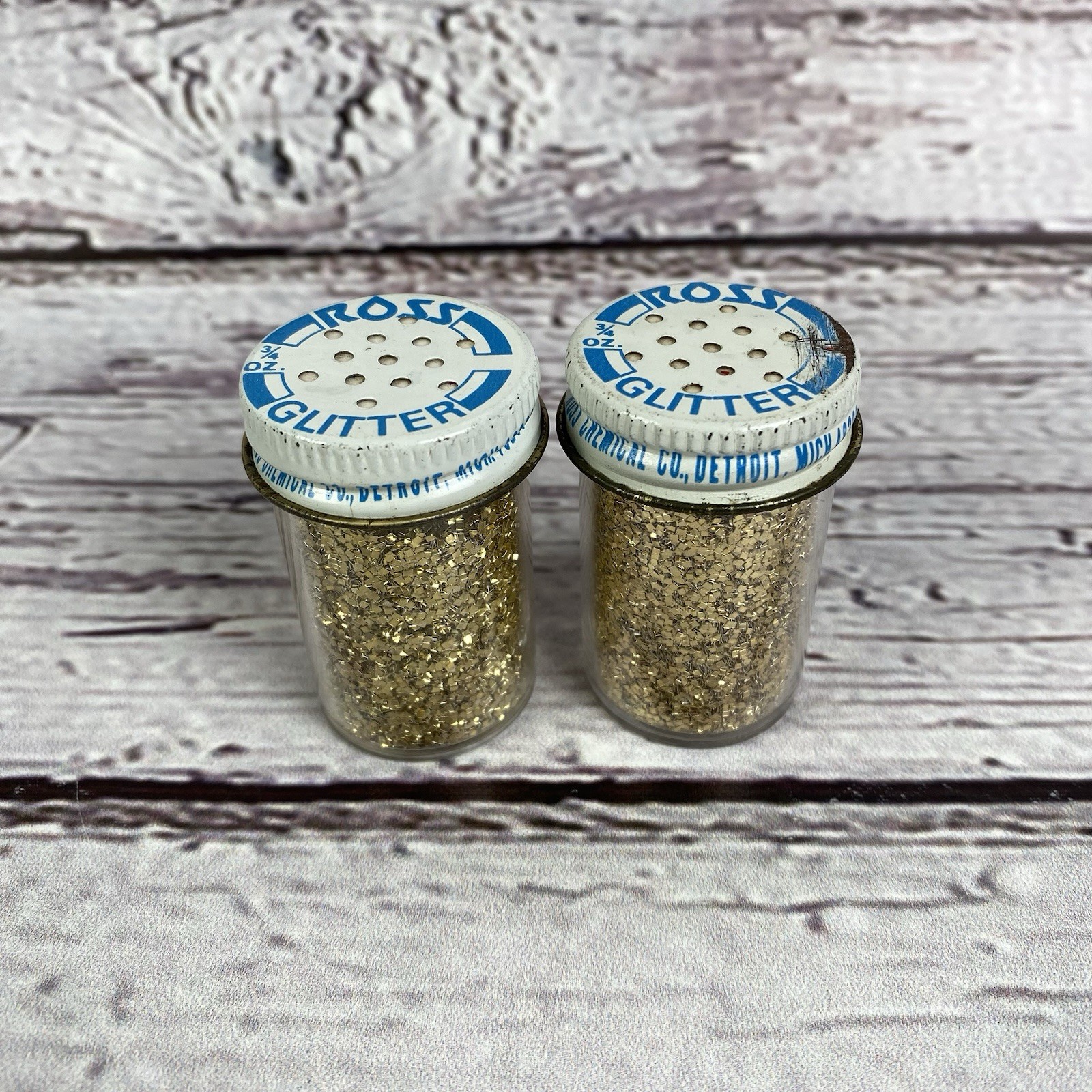 Vintage Ross Aluminum Glitter Gold 3/4 oz Shaker Jar 1980's Lot of 2