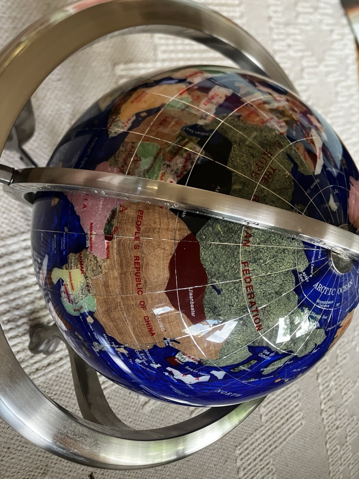 Blue Gemstone Tabletop World Globe w/ Rotating Silver Metal Base Compass