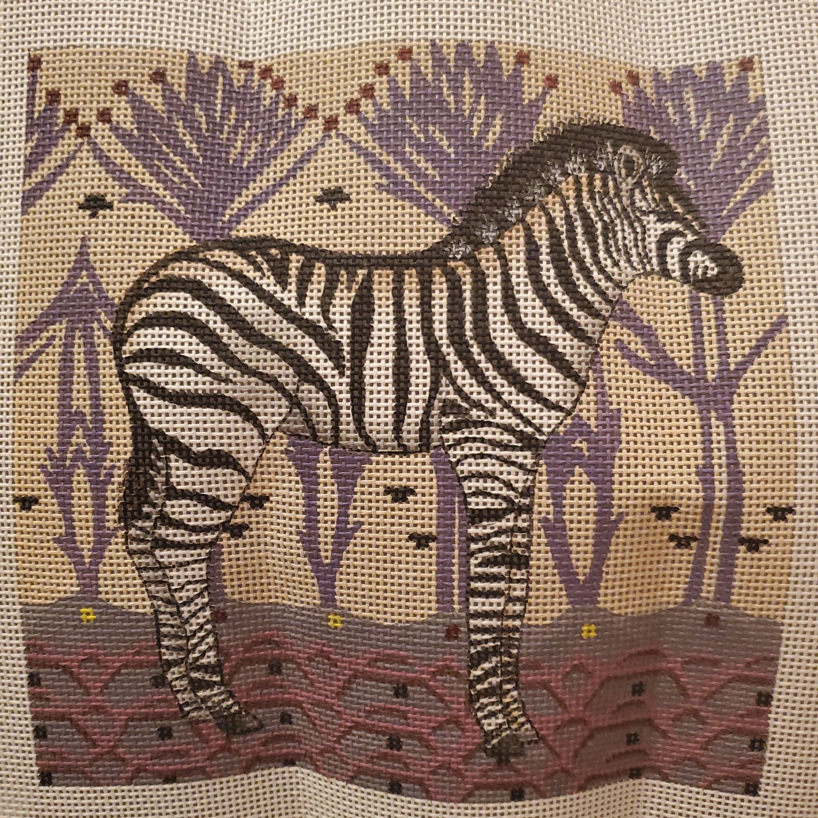 Zebra Needlepoint Canvas Hand Painted Amanda Lawford 14 ct 8 in Purple Trees