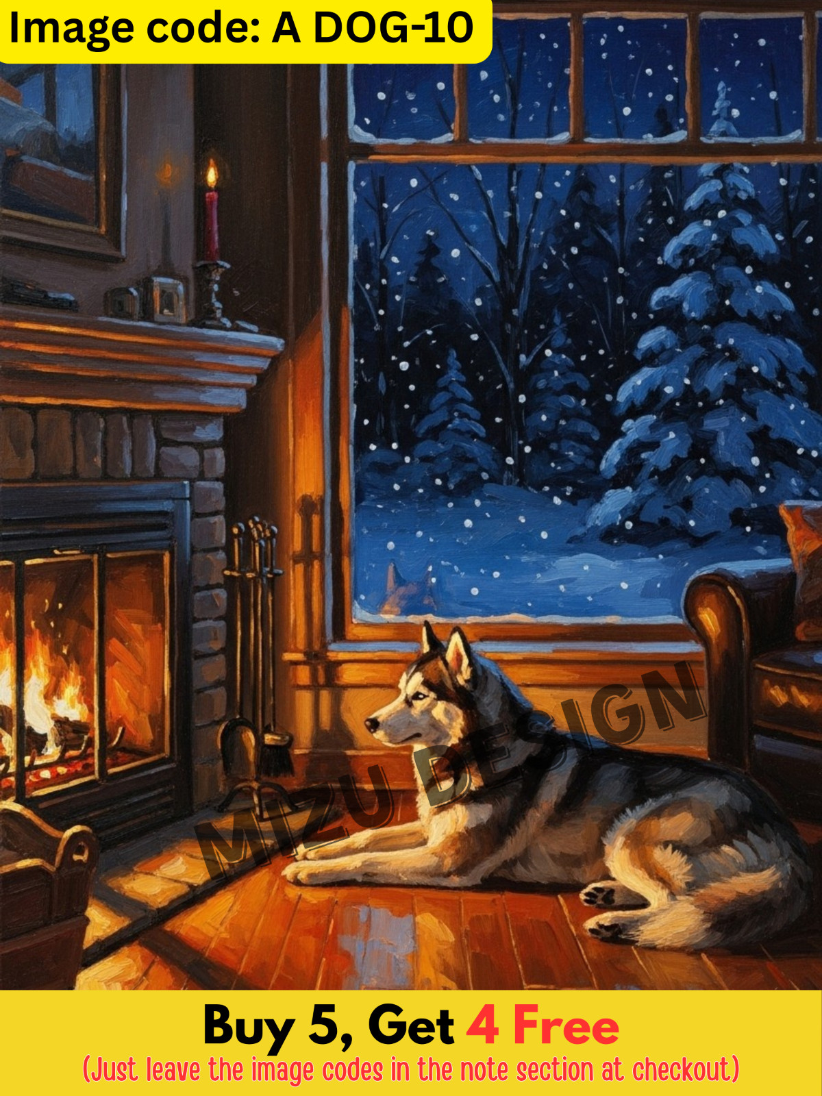 Christmas Husky Oil Painting – Peaceful Night Indoors – Digital Download