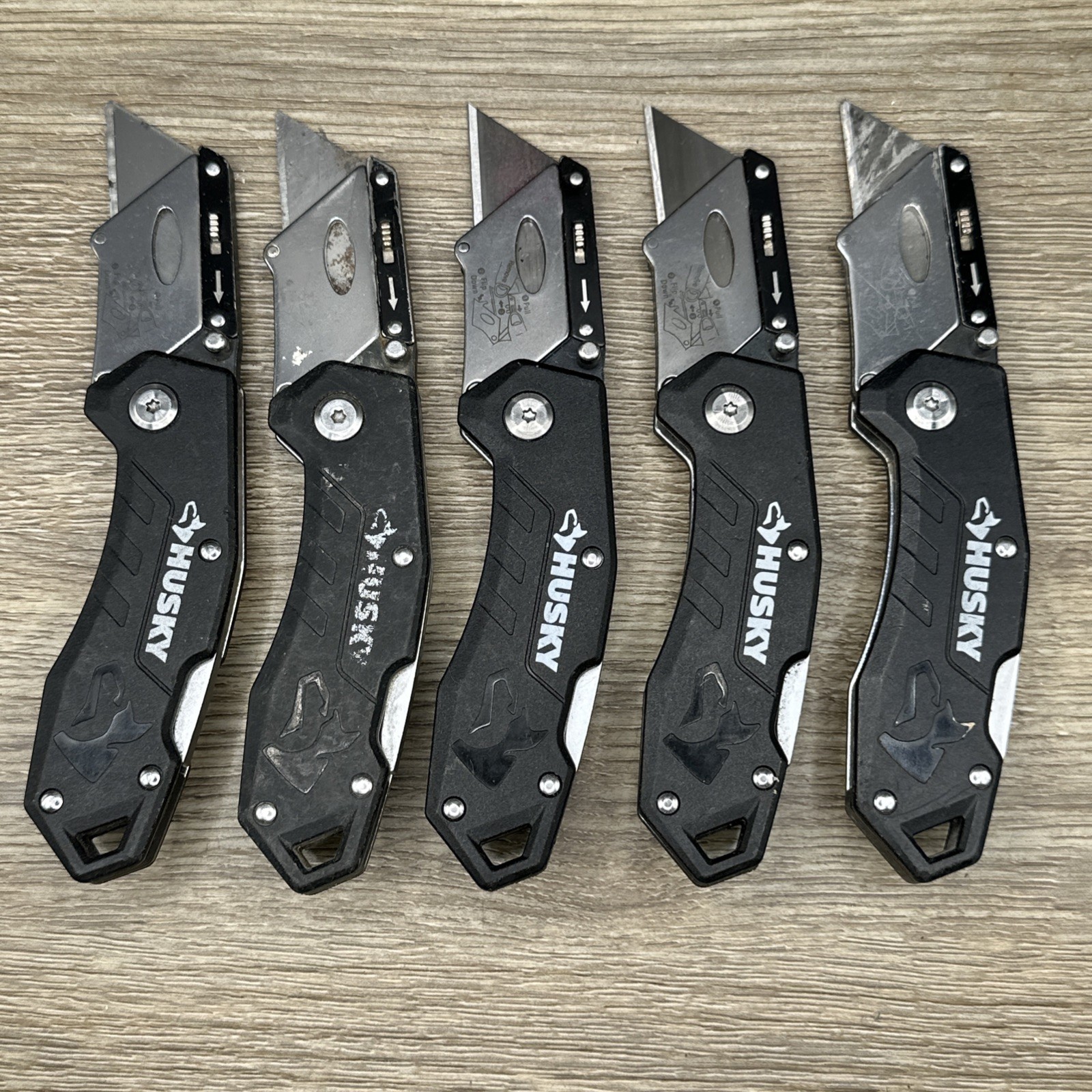 (Lot D) 5 Husky Black Folding Lockback Pocket Utility Knife Set, Box Cutter