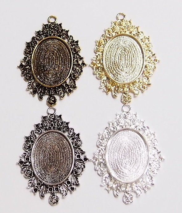4 Different Colors 40x30mm Victorian Art Deco Roses &Leaves Pendant Settings