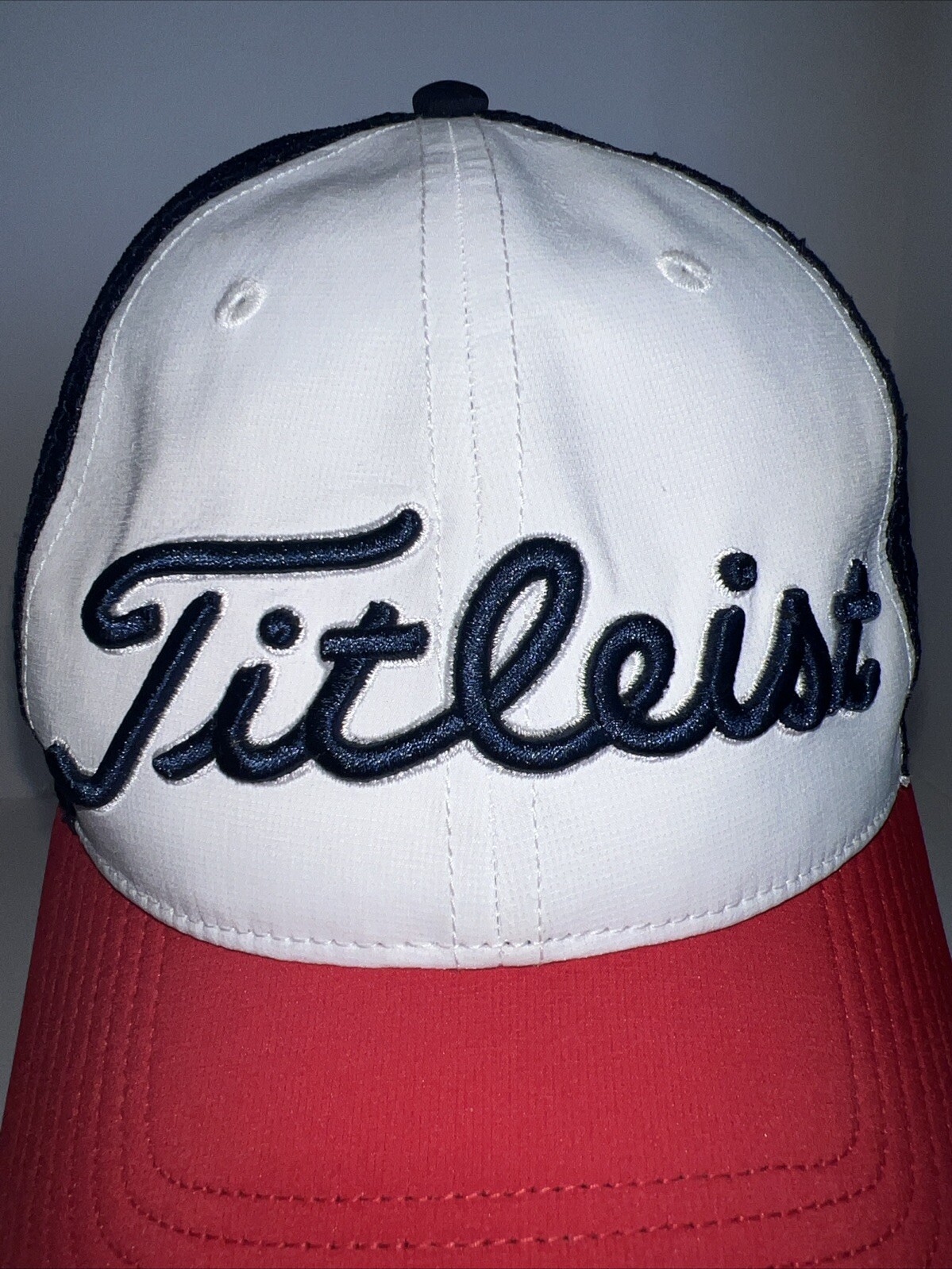 Titleist Script Pristine Red White Blue Hat Cap Hook Loop American Flag EUC