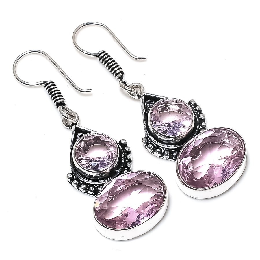 Pink Kunzite Gemstone Handmade 925 Sterling Silver Jewelry Earring Size 1.6"