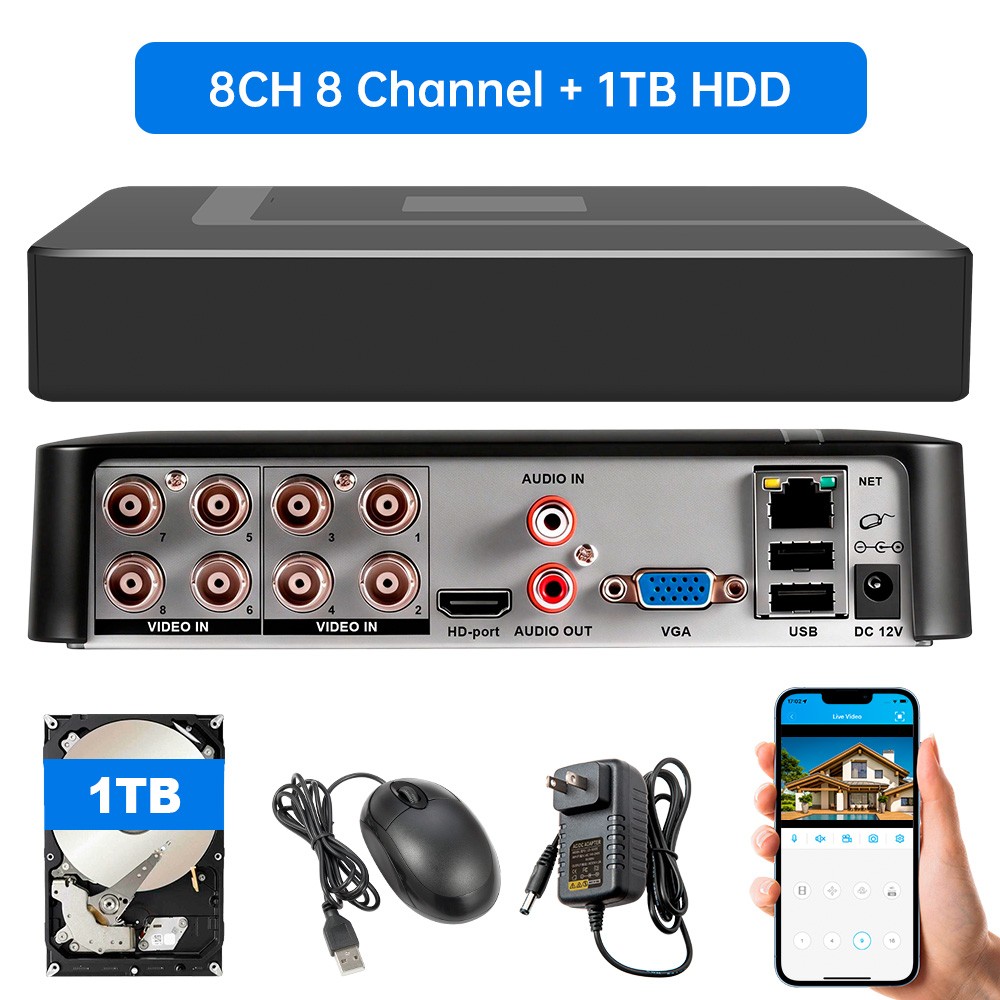 8 Channel H.265 1080P DVR with 1TB Hard Drive for Home Security Camera System