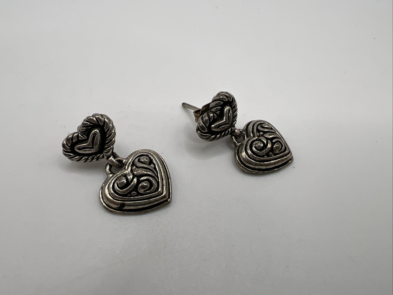 Vintage Silver Tone Heart Drop Earrings