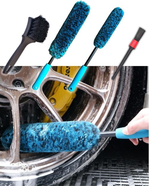 4 Pack Long Handle Wheel Brush Kit for Cleaning Wheel and Tire - 2X Soft Wheel C