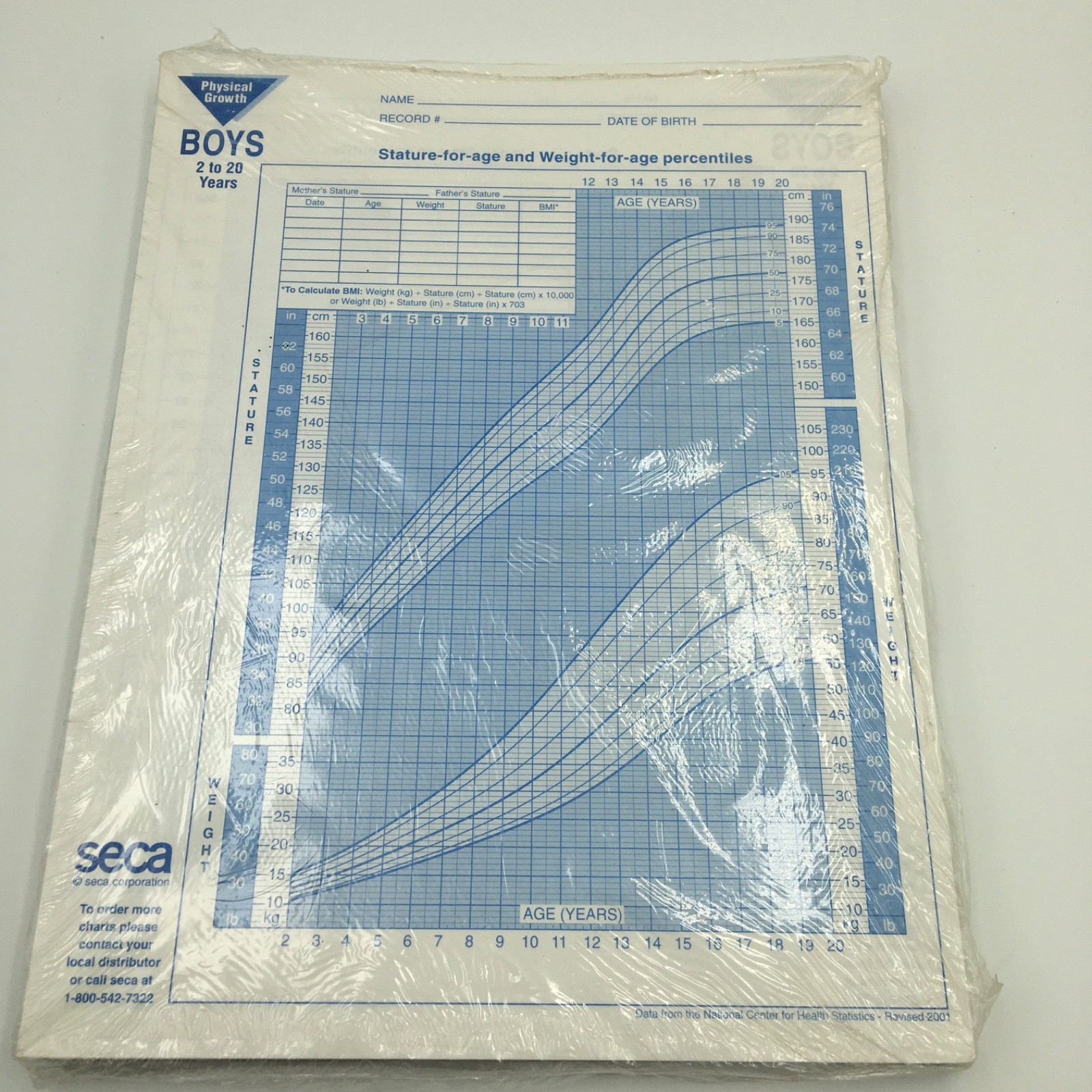 SECA-Growth charts (Boys 2-20 years), Pack of 100 Sheets - New Old Stock