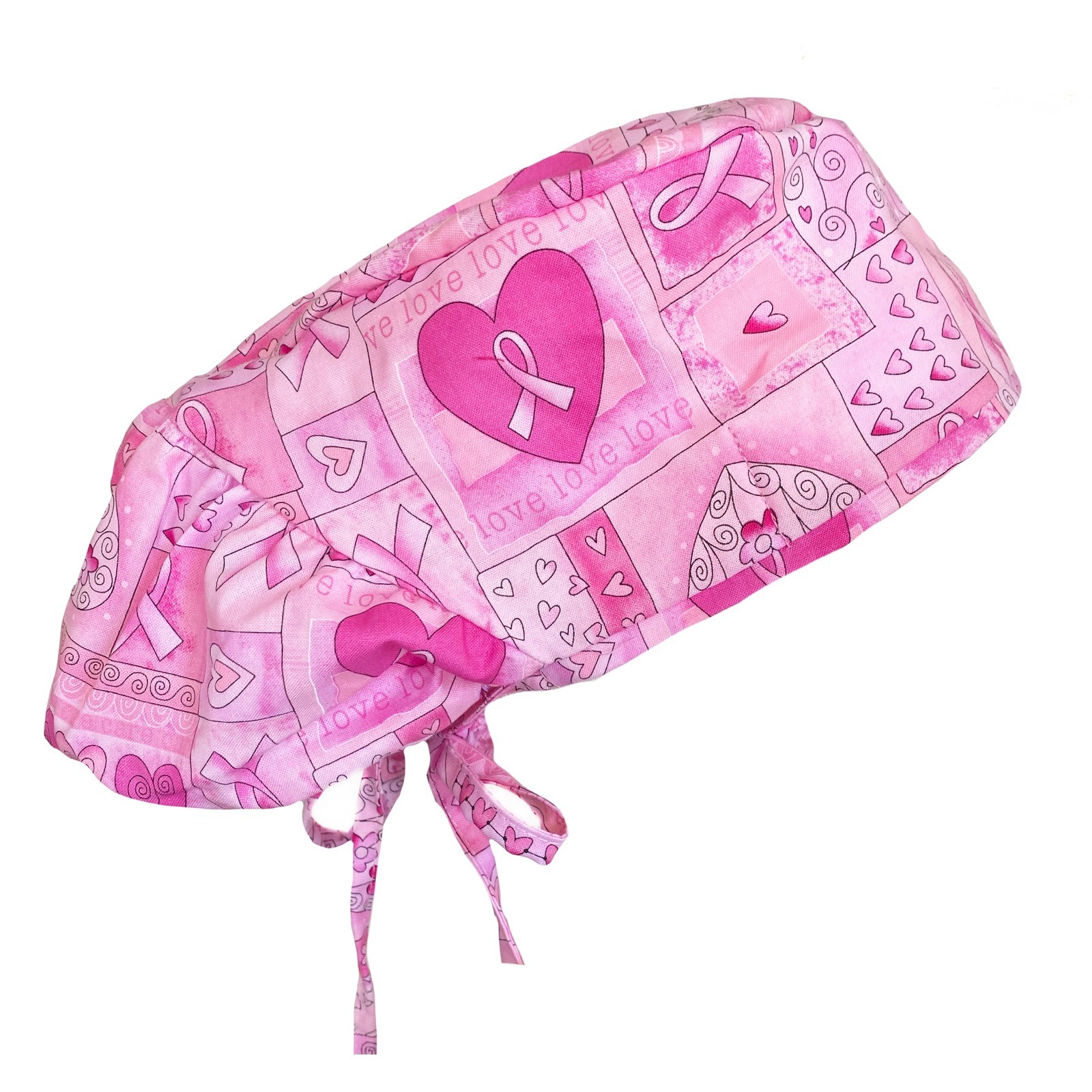 Big Hair Bouffant Pink Ribbon Breast Cancer Awareness Hearts & Flowers Scrub Cap