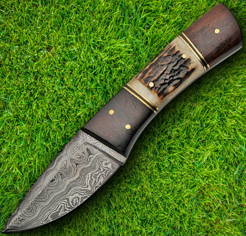 Damascus Fixed Knife 3.5" Full Tang Damascus Steel Blade Stag Bone/Wood Handle