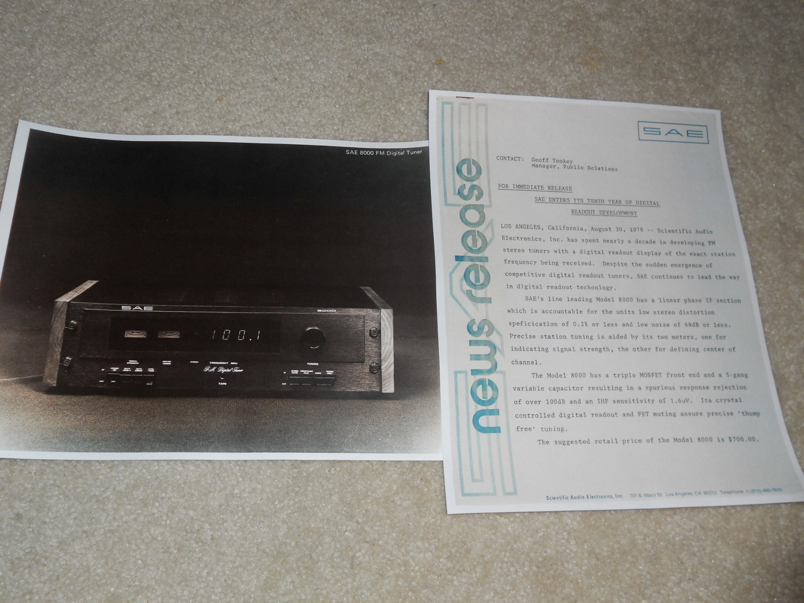 SAE 8000 Tuner Press Release, 2 pages, 1978, Very Rare Info! Collectable