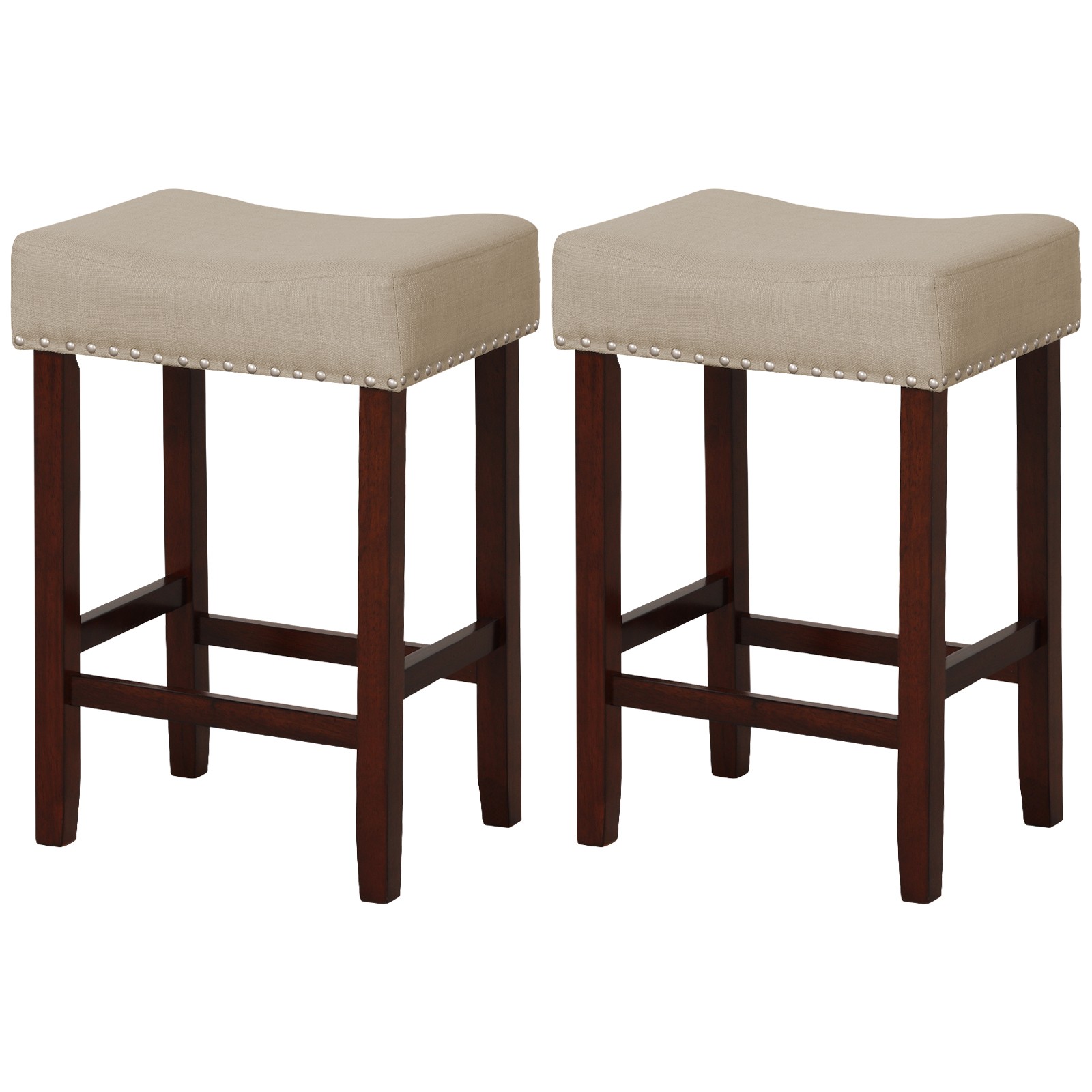 2PCS Bar Stools Counter Height Saddle Kitchen Chairs w/ Wooden Legs Beige