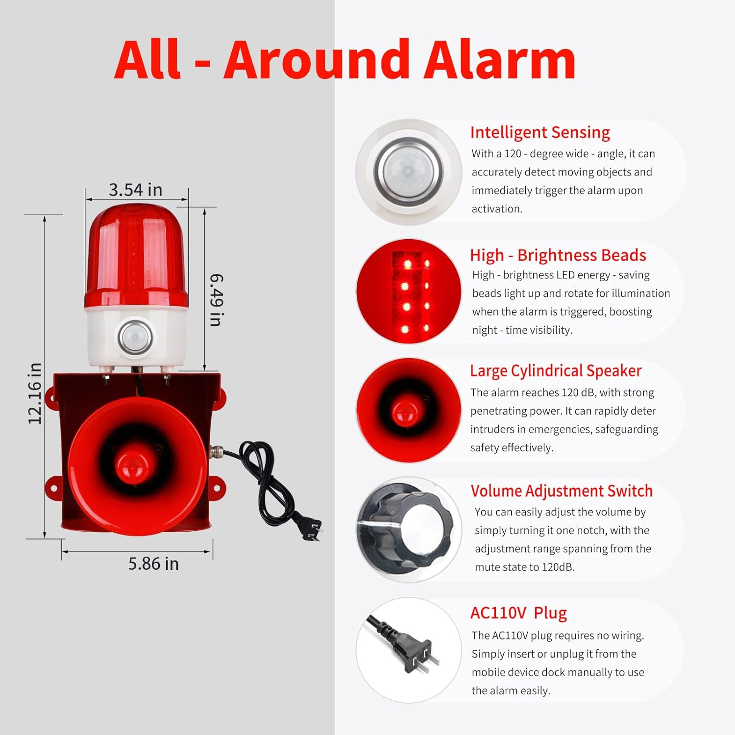 Motion Sensor Alarm with Human Detection,120Db Adjustable Siren & LED Strobe Lig