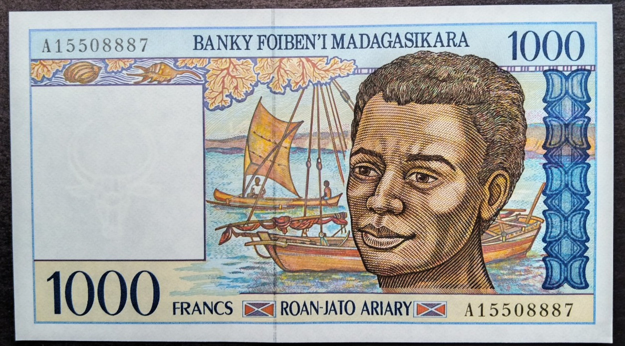 Madagascar 1000 Francs 1994 UNC A Series Sail boat fishing