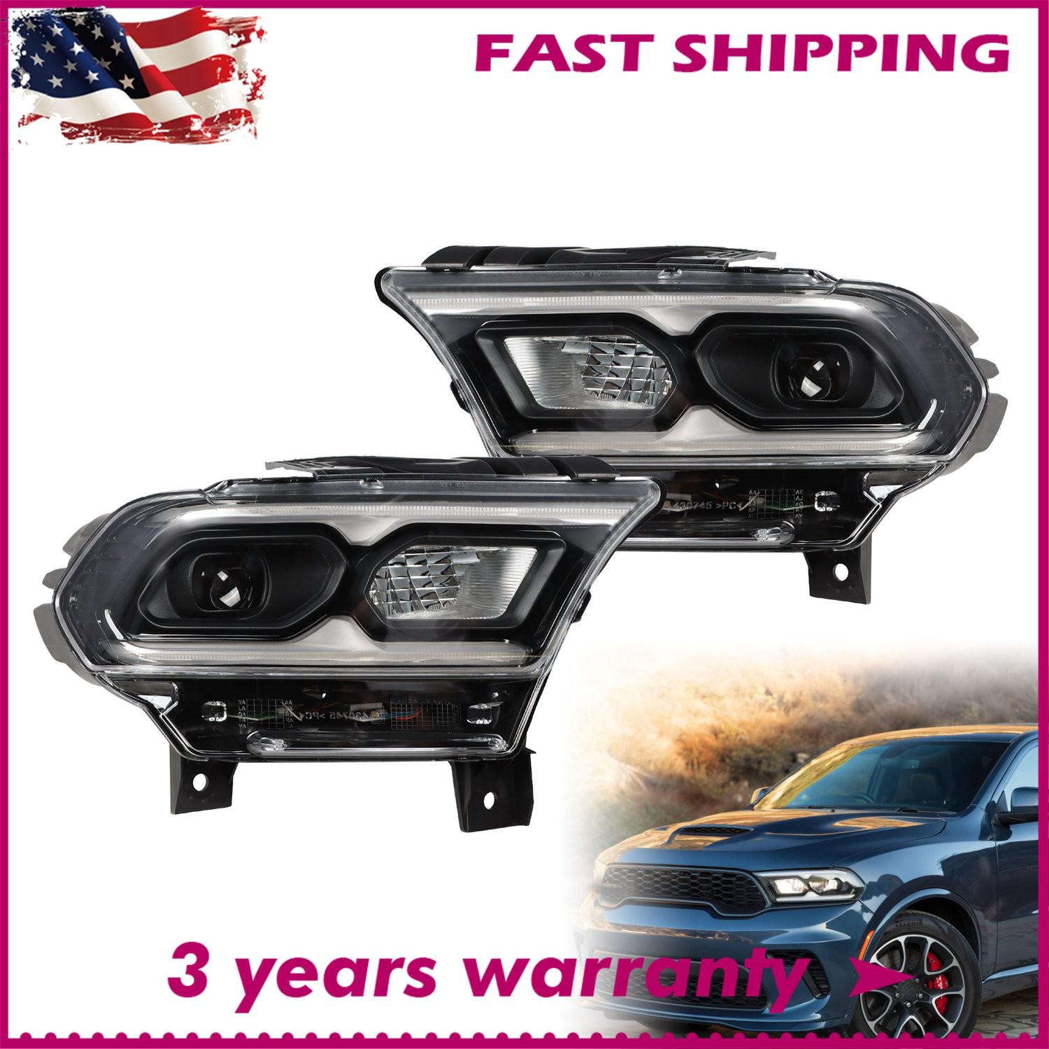 For 2021-2023 Dodge Durango Headlight Assembly Full LED Black Housing RH+LH Side
