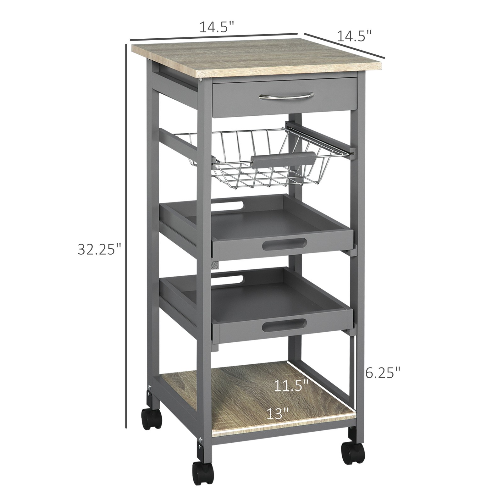 Rolling Kitchen Cart w/ Drawer, Basket, Trays & Solid Wood Frame, Gray