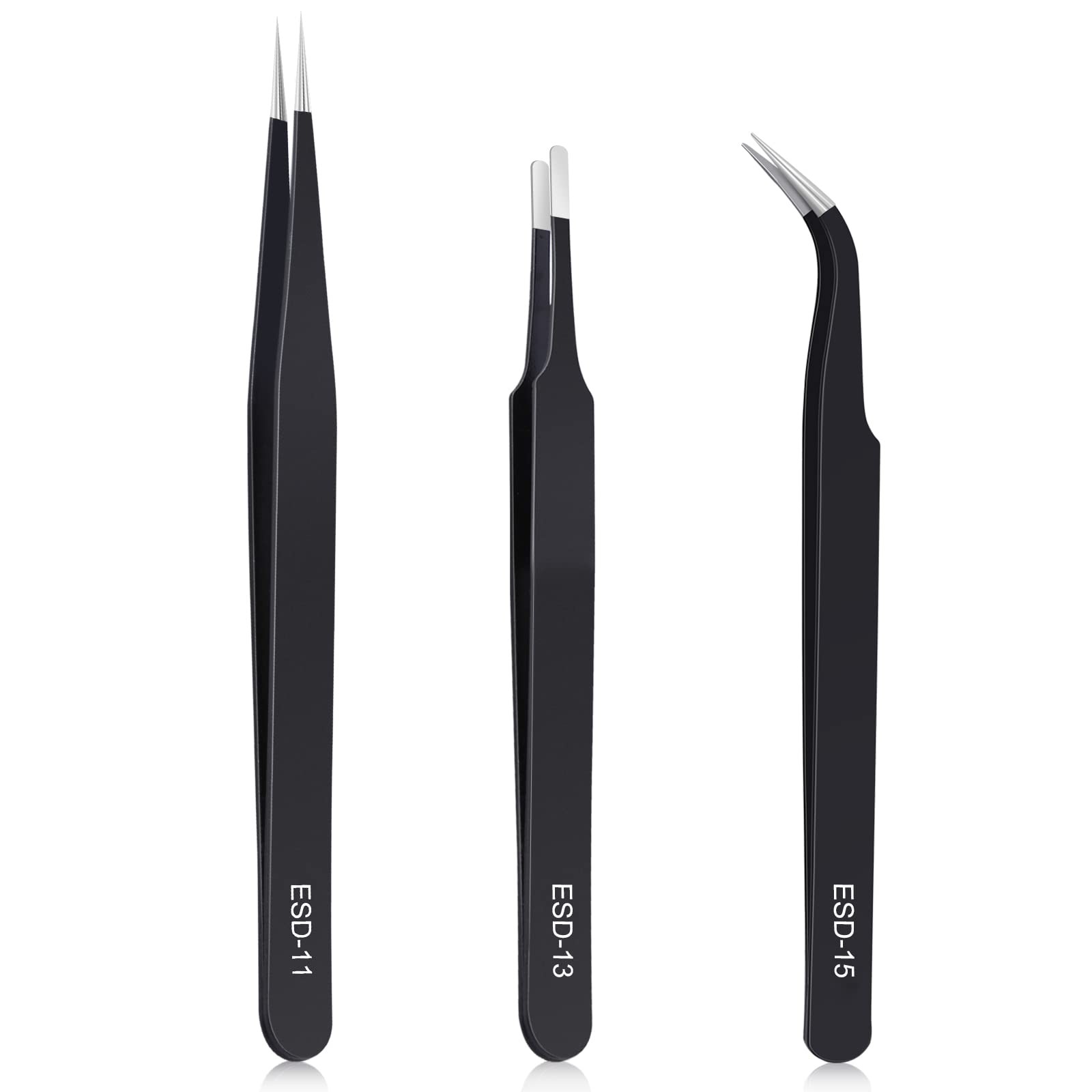 kaverme 3PCS Precision Tweezers Set, Upgraded Anti-Static Stainless Black