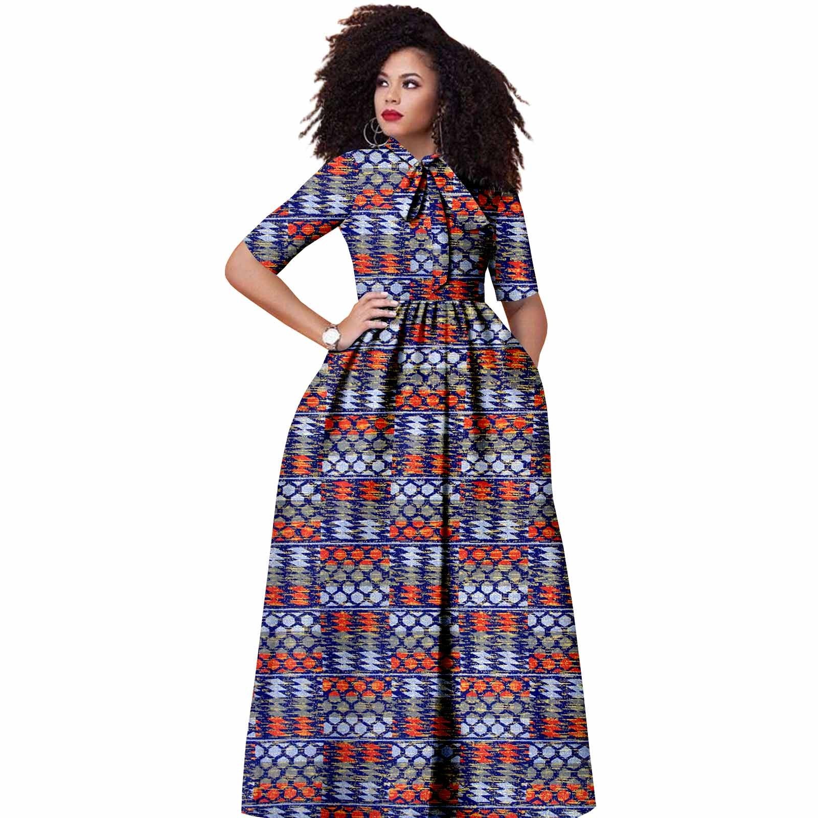 African Dress for Women Wax Print O-Neck Short sleeve Floor Length Dress