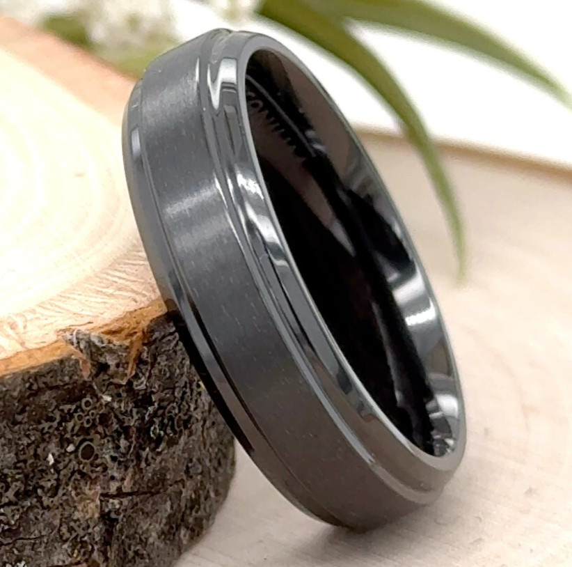 Elegant 6mm Gray Zirconium Band – Modern Step Edge Profile with Satin Brushed