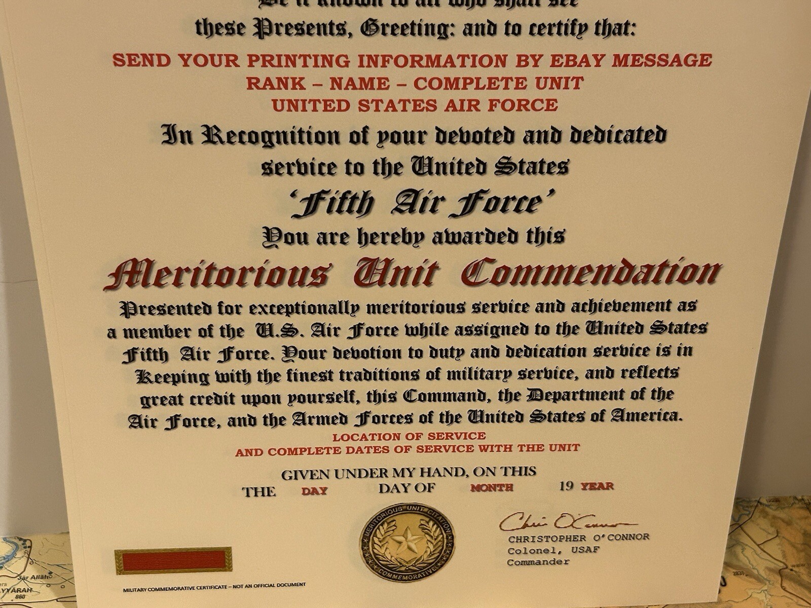U.S. AIR FORCE / 5TH AIR FORCE - MERITORIOUS UNIT COMMENDATION CERTIFICATE