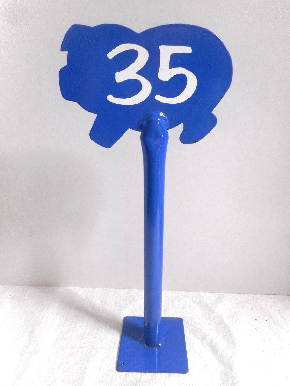 Restaurant Metal Navy Blue Table Marker Number #35 Pig Shape Top Enamel Painted
