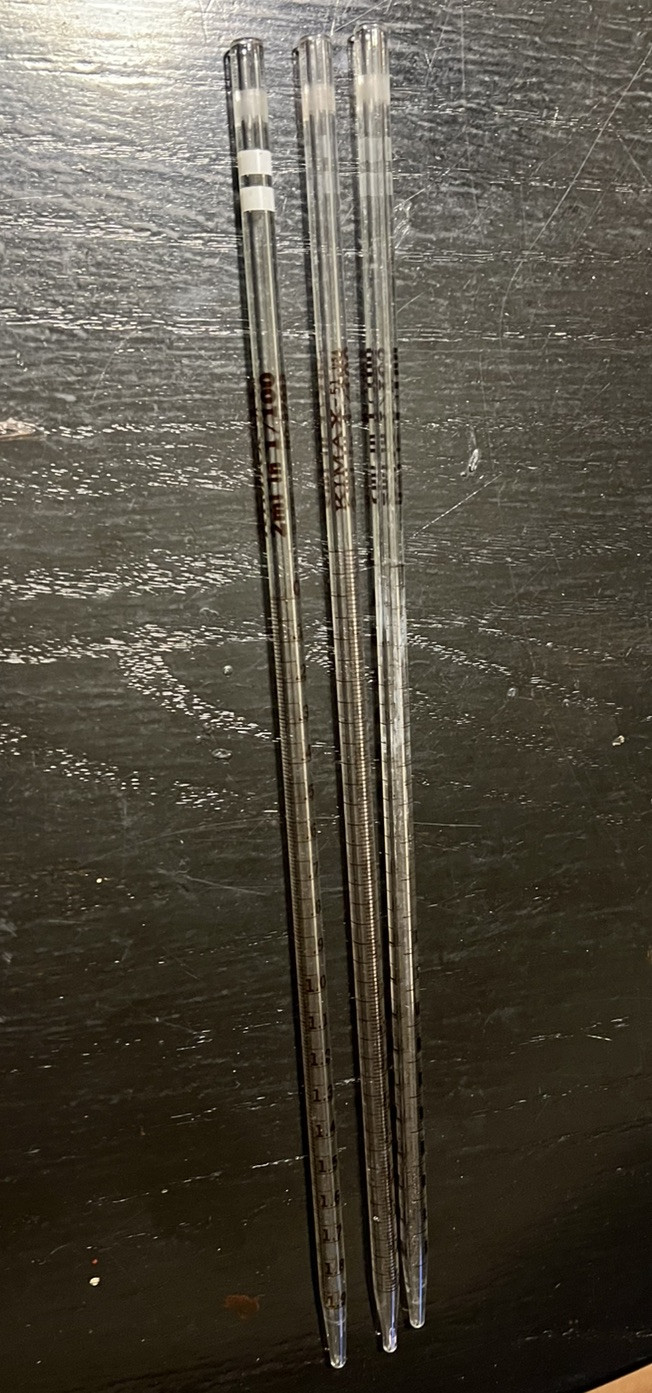 (3) Kimax X-51  2ml in 1/100 Glass Serological Pipettes