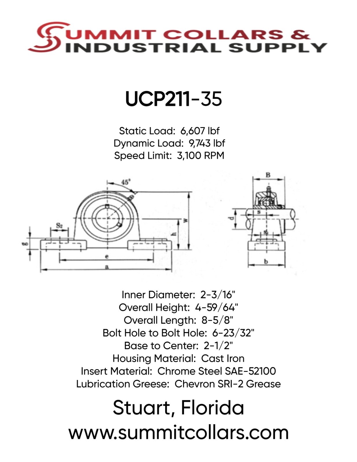 UCP211-35 2-3/16" Pillow Block Bearing, Solid Base P211