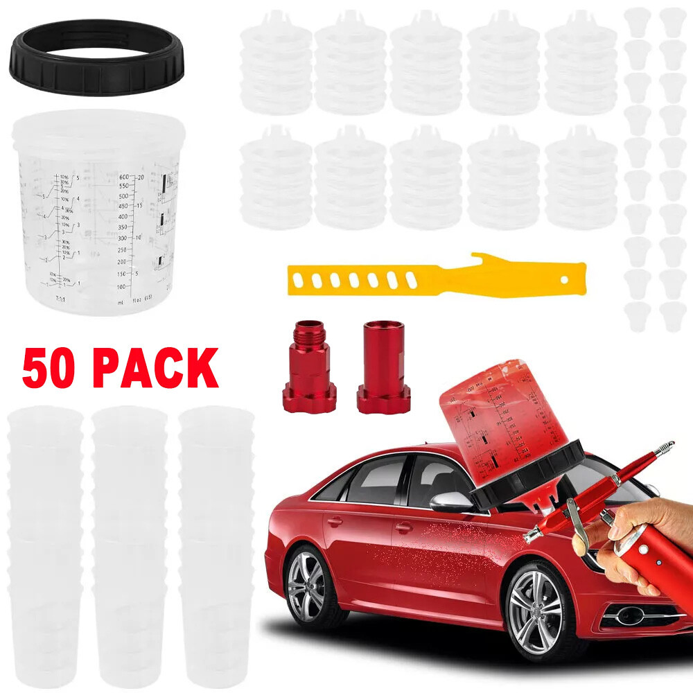 50 Pack PPS CUPS Disposable Paint Spray Gun Cup Liners and Lid System (125 Mic)